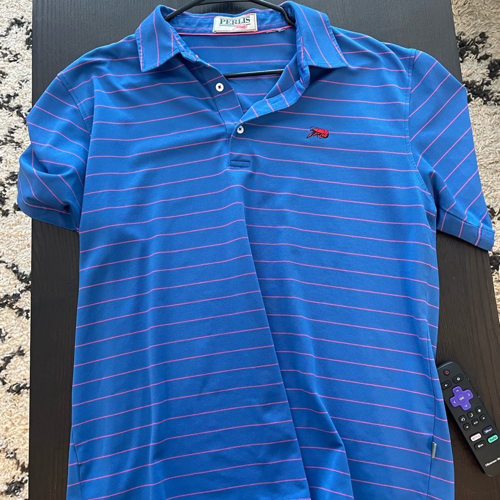 Perlis blue and pink striped golf polo